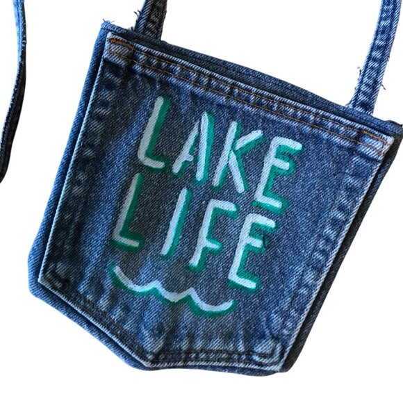 Handmade Crossbody Denim Bag: Painted Lake Life Cell Phone Jean Pocket Purse - Picture 3 of 11